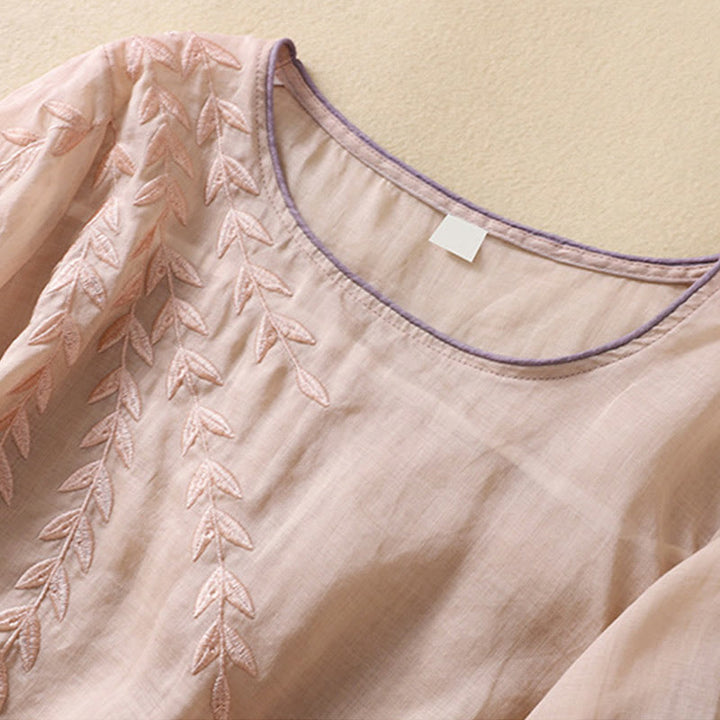 Buddha Stones Embroidery Leaves Women's Cotton Linen Half Sleeve T-shirt - image 17