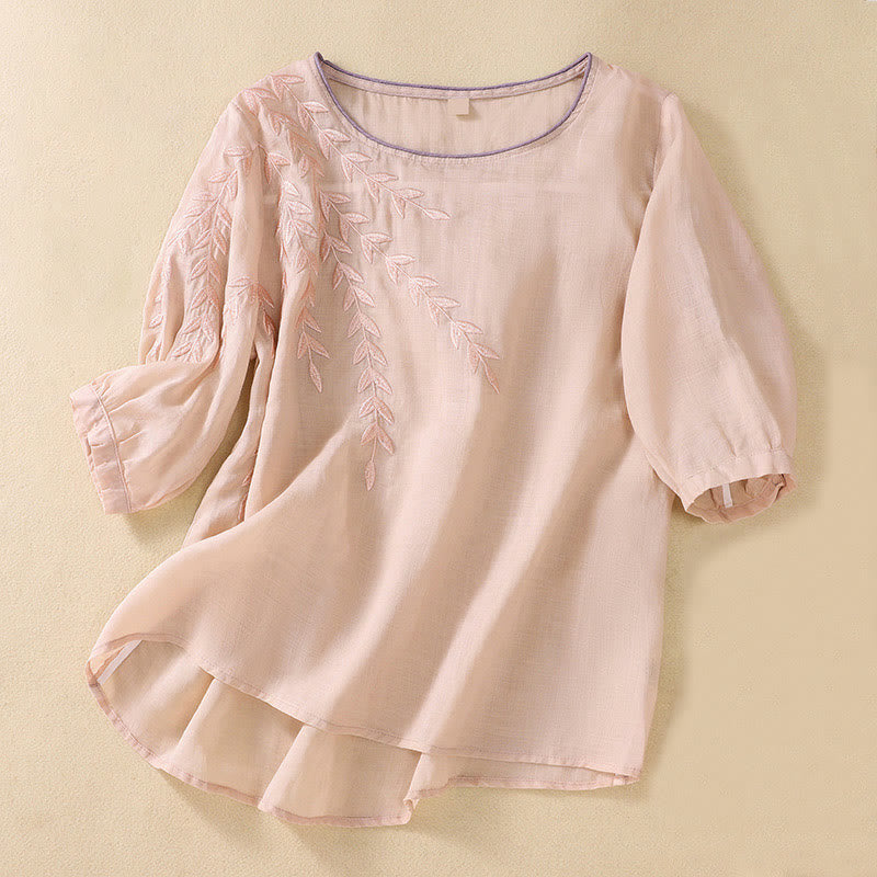 Buddha Stones Embroidery Leaves Women's Cotton Linen Half Sleeve T-shirt - MistyRose - US8-10,UK/AU12-14,EU40-42 (2XL) - image 11