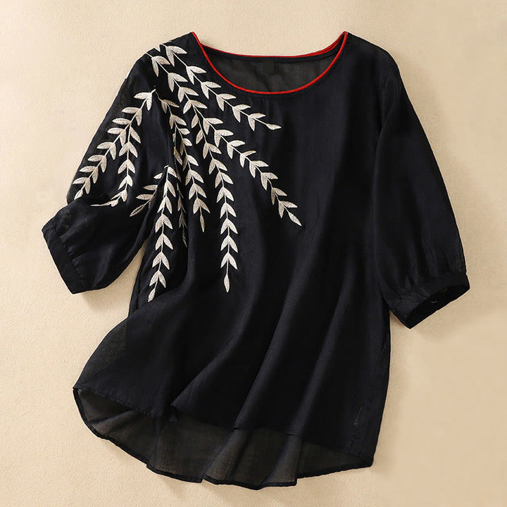 Buddha Stones Embroidery Leaves Women's Cotton Linen Half Sleeve T-shirt - Black - US8-10,UK/AU12-14,EU40-42 (2XL) - image 22