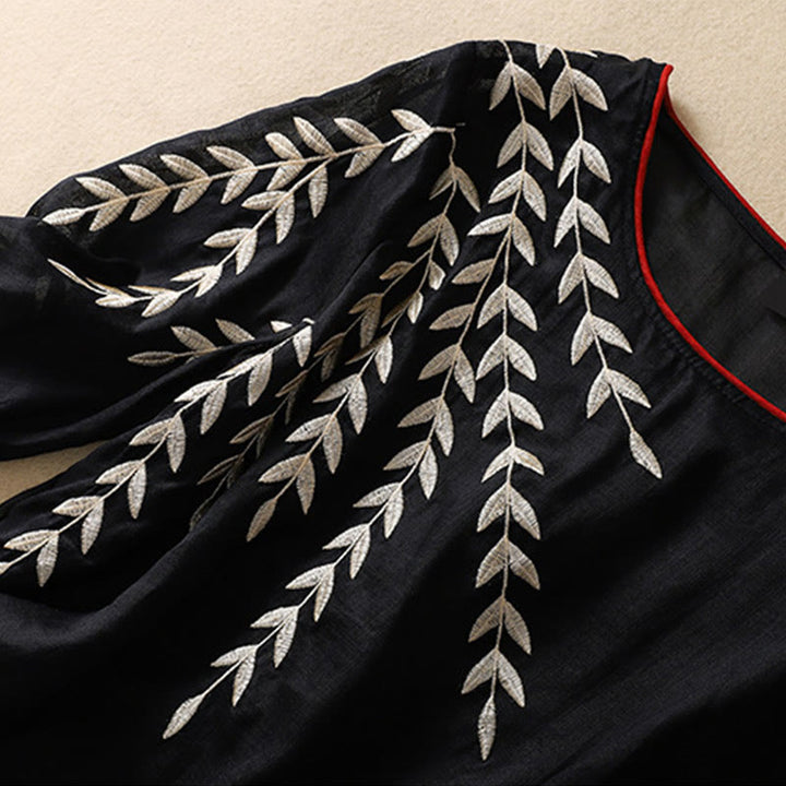 Buddha Stones Embroidery Leaves Women's Cotton Linen Half Sleeve T-shirt - image 29