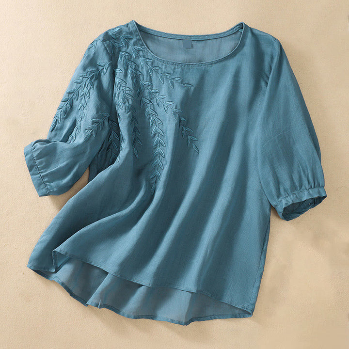 Buddha Stones Embroidery Leaves Women's Cotton Linen Half Sleeve T-shirt - SteelBlue - US8-10,UK/AU12-14,EU40-42 (2XL) - image 30