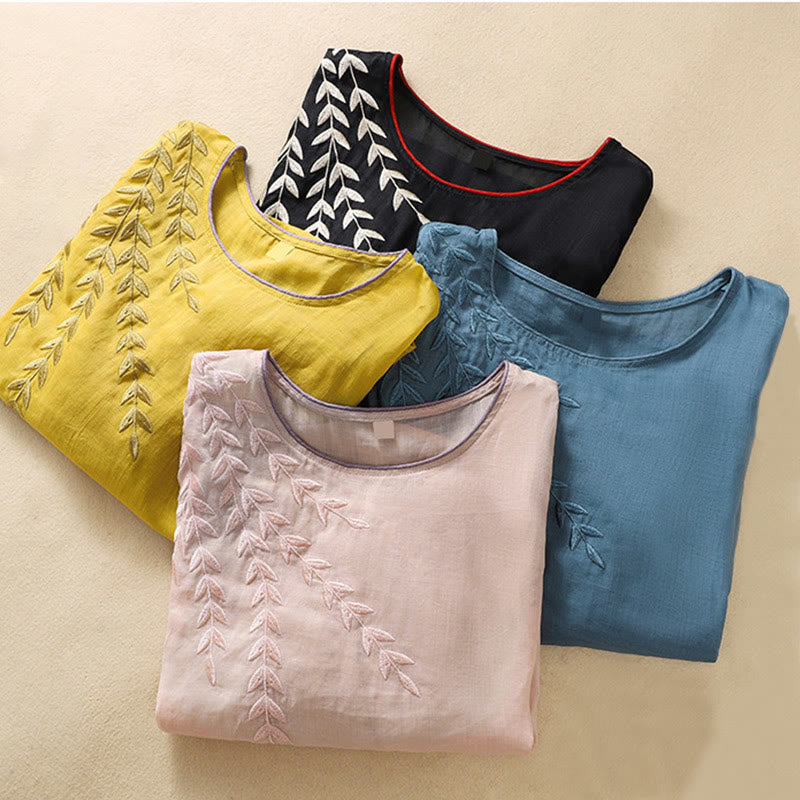 Buddha Stones Embroidery Leaves Women's Cotton Linen Half Sleeve T-shirt - image 37