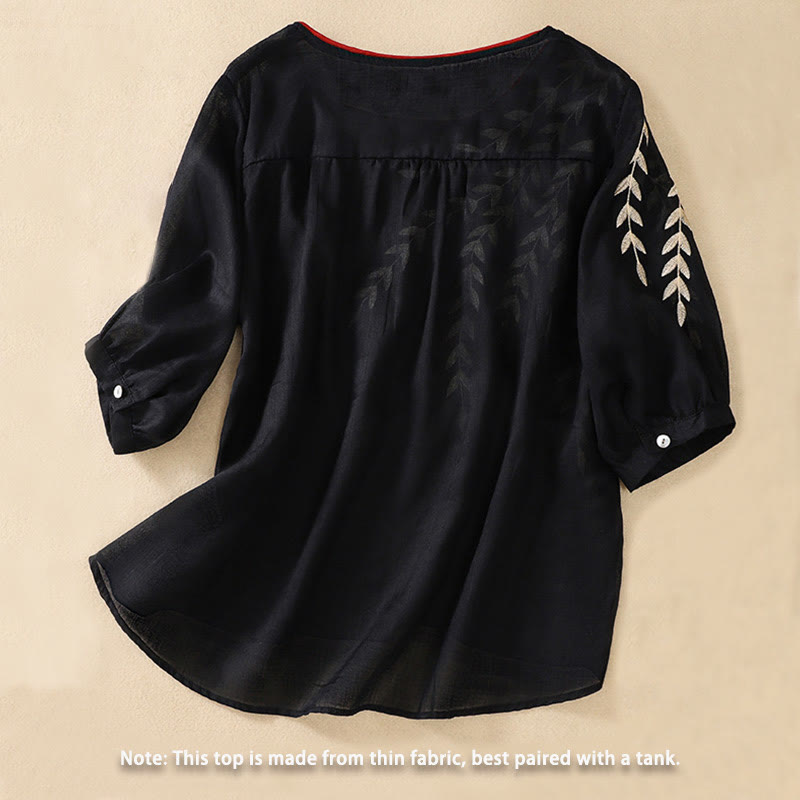 Buddha Stones Embroidery Leaves Women's Cotton Linen Half Sleeve T-shirt - image 23