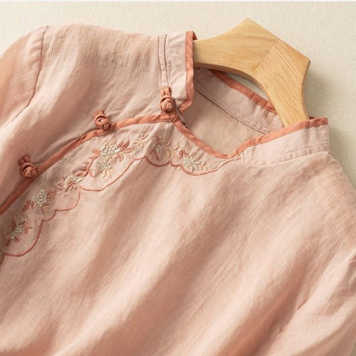 Buddha Stones Casual Slant Collar Embroidery Frog-Button Design Women's Cotton Linen Shirt - image 5