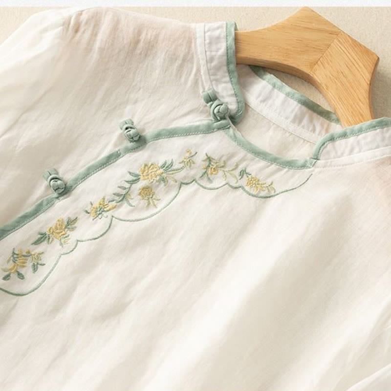 Buddha Stones Casual Slant Collar Embroidery Frog-Button Design Women's Cotton Linen Shirt - image 14