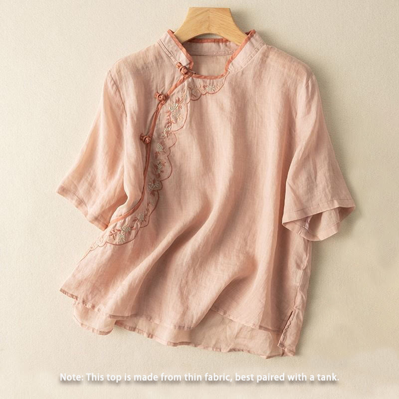 Buddha Stones Casual Slant Collar Embroidery Frog-Button Design Women's Cotton Linen Shirt - image 3