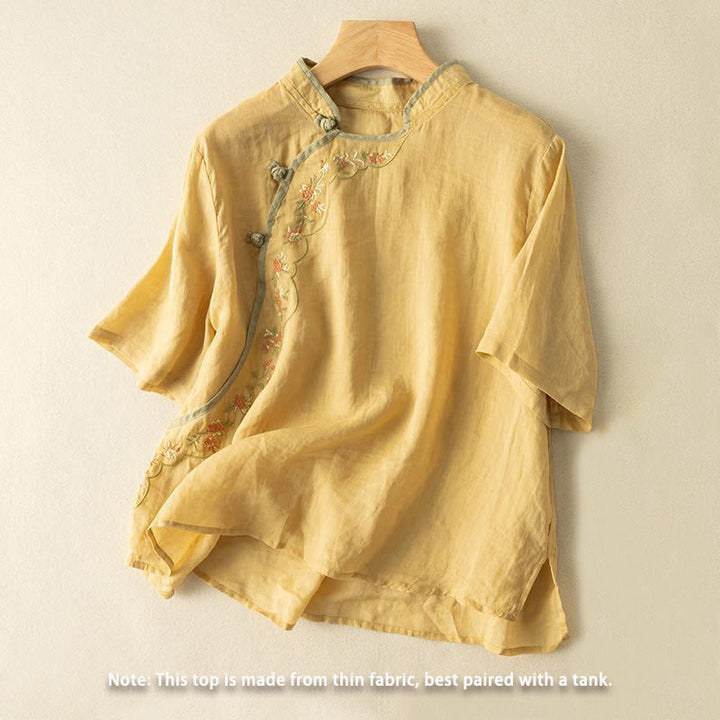 Buddha Stones Casual Slant Collar Embroidery Frog-Button Design Women's Cotton Linen Shirt - image 1