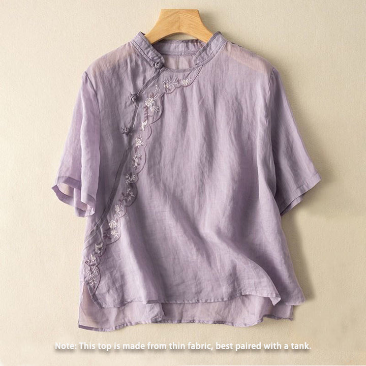Buddha Stones Casual Slant Collar Embroidery Frog-Button Design Women's Cotton Linen Shirt - image 16