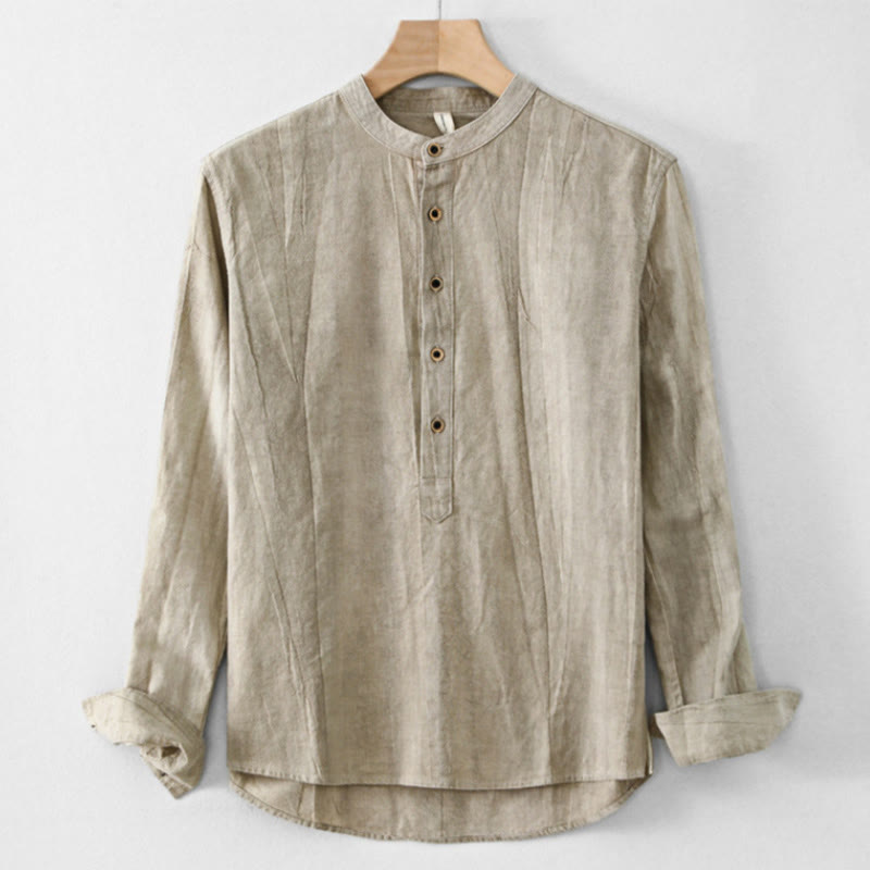 Buddha Stones Plain Pleats Half Buttons Design Stand Collar Men's Long Sleeve Cotton Linen Shirt - DarkKhaki - US/UK/AU44,EU54 (4XL) - image 1