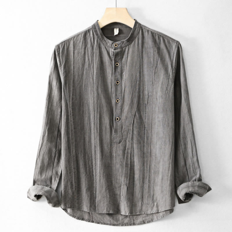 Buddha Stones Plain Pleats Half Buttons Design Stand Collar Men's Long Sleeve Cotton Linen Shirt - LightSlateGray - US/UK/AU44,EU54 (4XL) - image 13