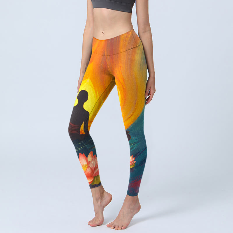 Buddha Stones Meditating Figure Lotus Flower Print Gym Leggings Women's Yoga Pants - SandyBrown - US18,UK/AU22,EU50 (4XL) - image 1