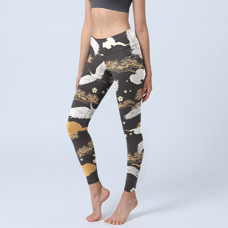 Buddha Stones White Red-crowned Cranes Golden Pine Trees Print Gym Leggings Women's Yoga Pants - Black - US18,UK/AU22,EU50 (4XL) - image 1
