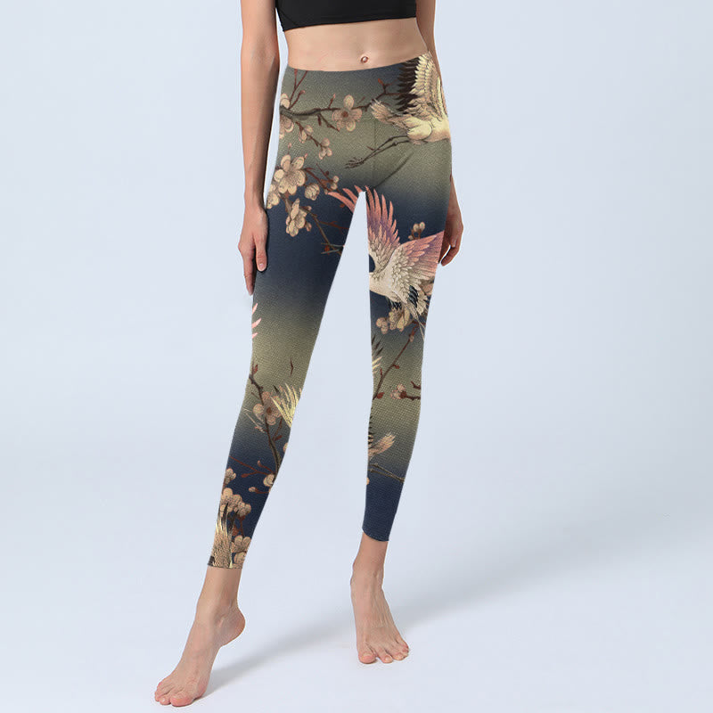Buddha Stones White Crane White Blossoming Branch Print Gym Leggings Women's Yoga Pants - image 6