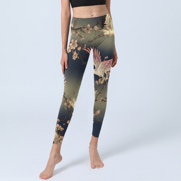 Buddha Stones White Crane White Blossoming Branch Print Gym Leggings Women's Yoga Pants - image 6