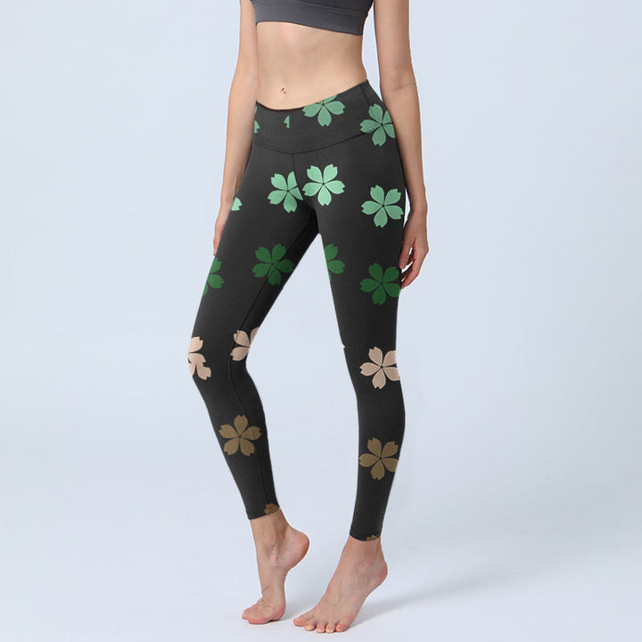 Buddha Stones Green Pink Five-petal Flowers Print Gym Leggings Women's Yoga Pants - Black - US18,UK/AU22,EU50 (4XL) - image 1