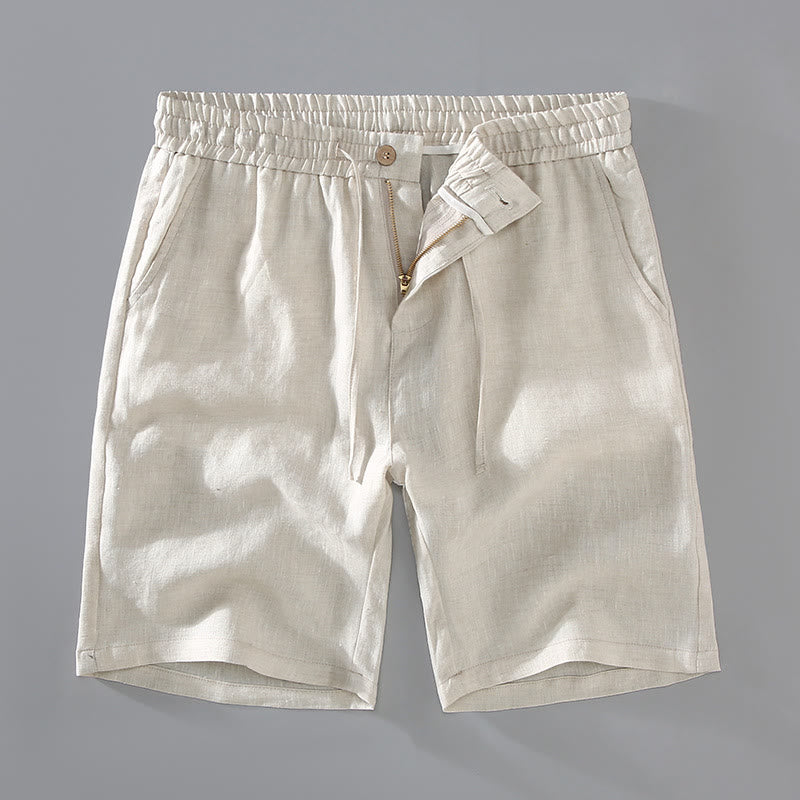 Buddha Stones Summer Solid Color Drawstring Button Design Men's Linen Shorts With Pockets - Linen - US/UK/AU42,EU52 (3XL) - image 3
