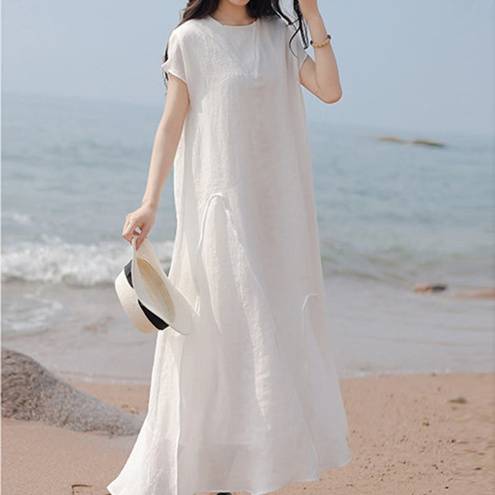 Buddha Stones Plain Irregular Hem Short Sleeve Cotton Linen Maxi Dress - image 17