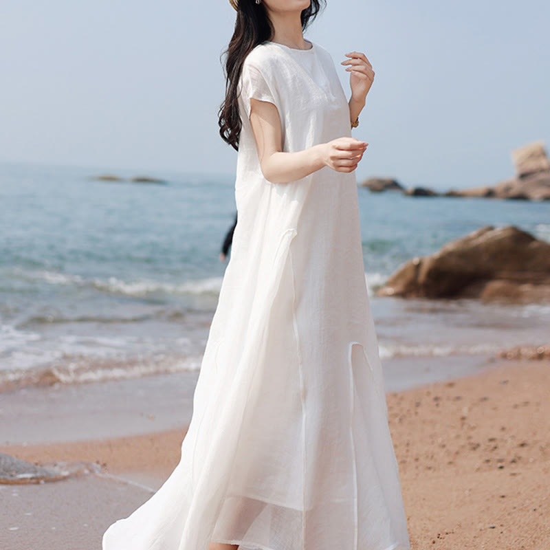 Buddha Stones Plain Irregular Hem Short Sleeve Cotton Linen Maxi Dress - image 16