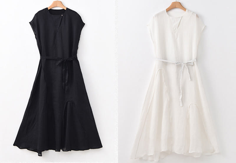 Buddha Stones Plain Irregular Hem Short Sleeve Cotton Linen Maxi Dress - image 23