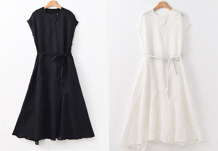 Buddha Stones Plain Irregular Hem Short Sleeve Cotton Linen Maxi Dress - image 23