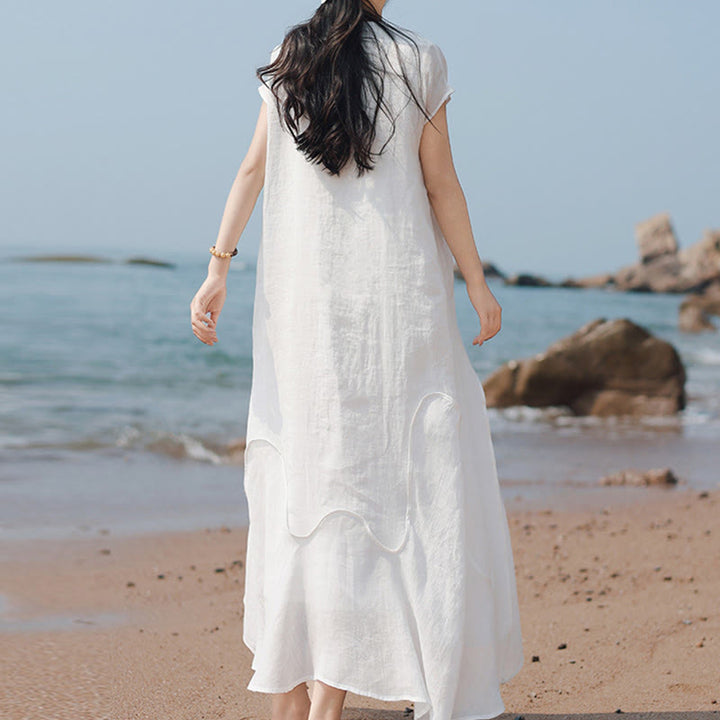 Buddha Stones Plain Irregular Hem Short Sleeve Cotton Linen Maxi Dress - image 20