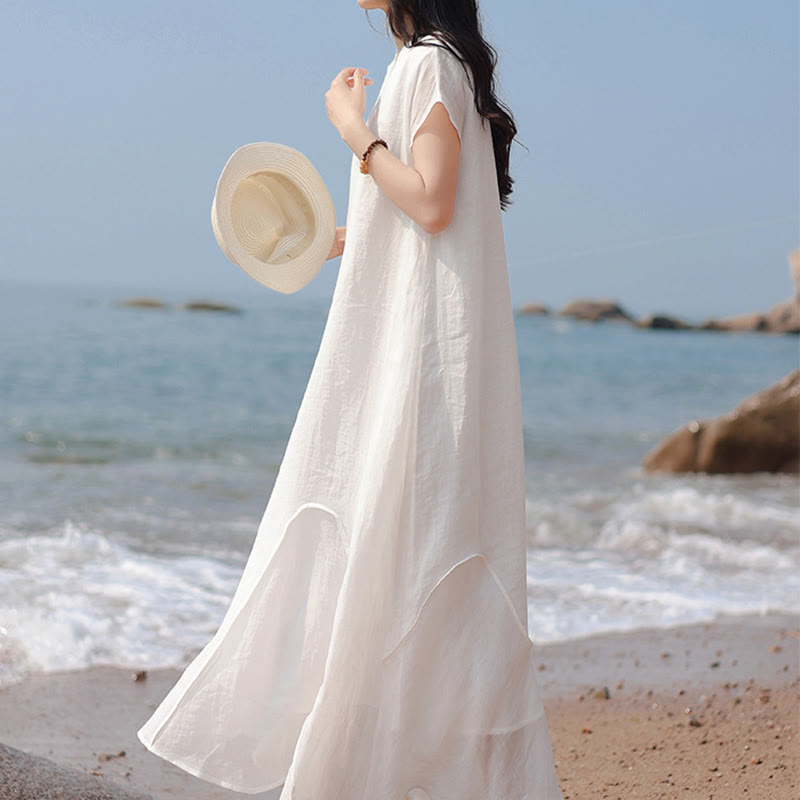 Buddha Stones Plain Irregular Hem Short Sleeve Cotton Linen Maxi Dress - image 21