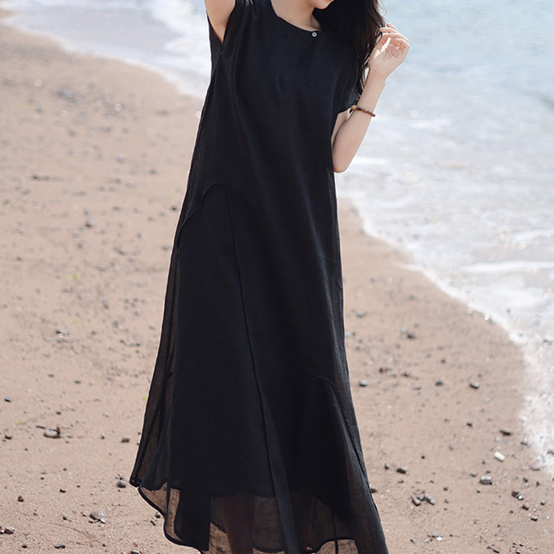 Buddha Stones Plain Irregular Hem Short Sleeve Cotton Linen Maxi Dress - image 5