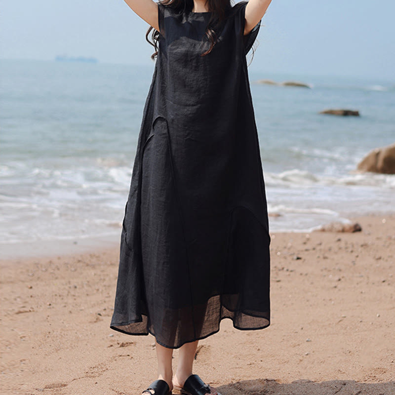 Buddha Stones Plain Irregular Hem Short Sleeve Cotton Linen Maxi Dress - image 9