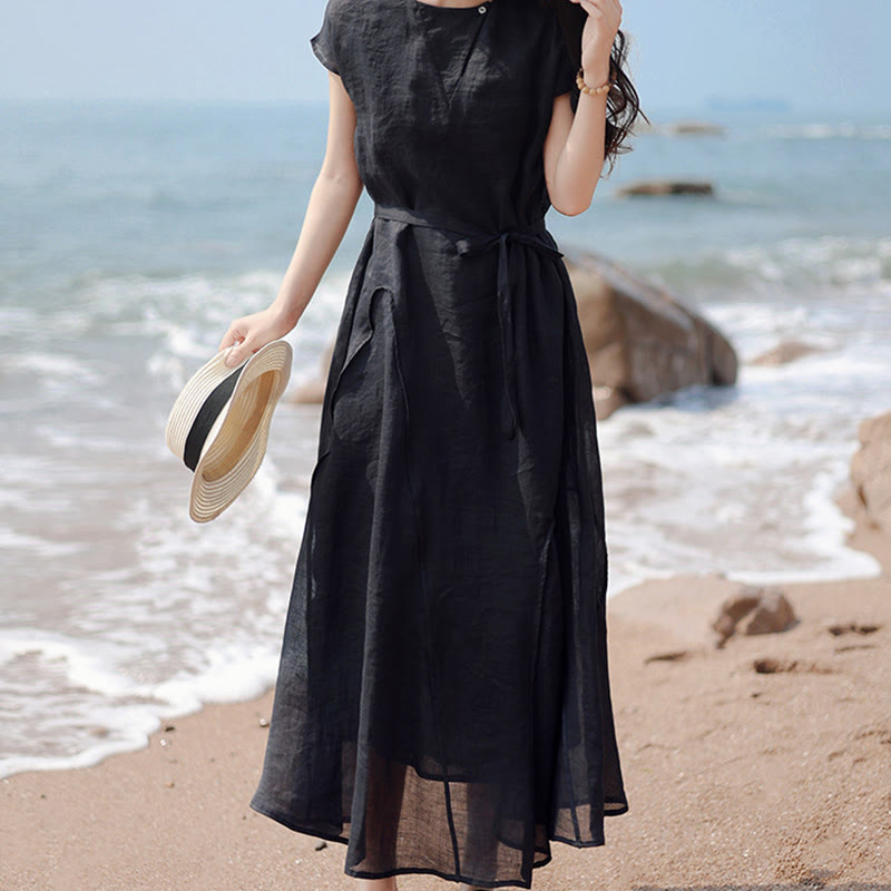 Buddha Stones Plain Irregular Hem Short Sleeve Cotton Linen Maxi Dress - image 8