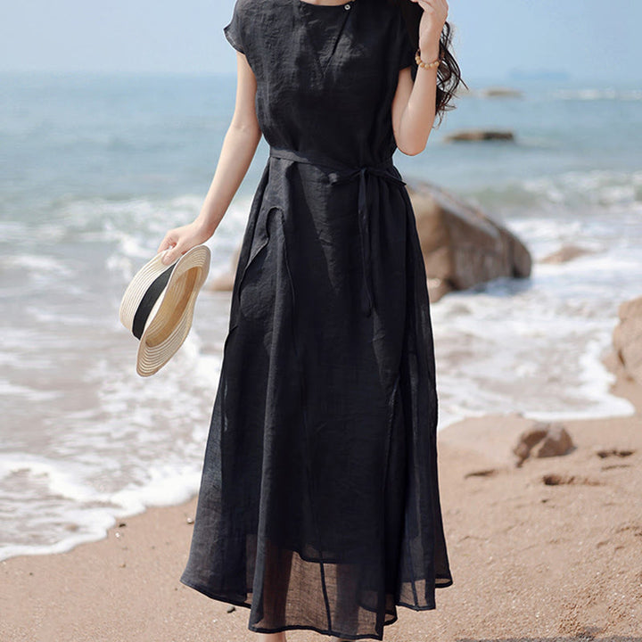 Buddha Stones Plain Irregular Hem Short Sleeve Cotton Linen Maxi Dress - image 8