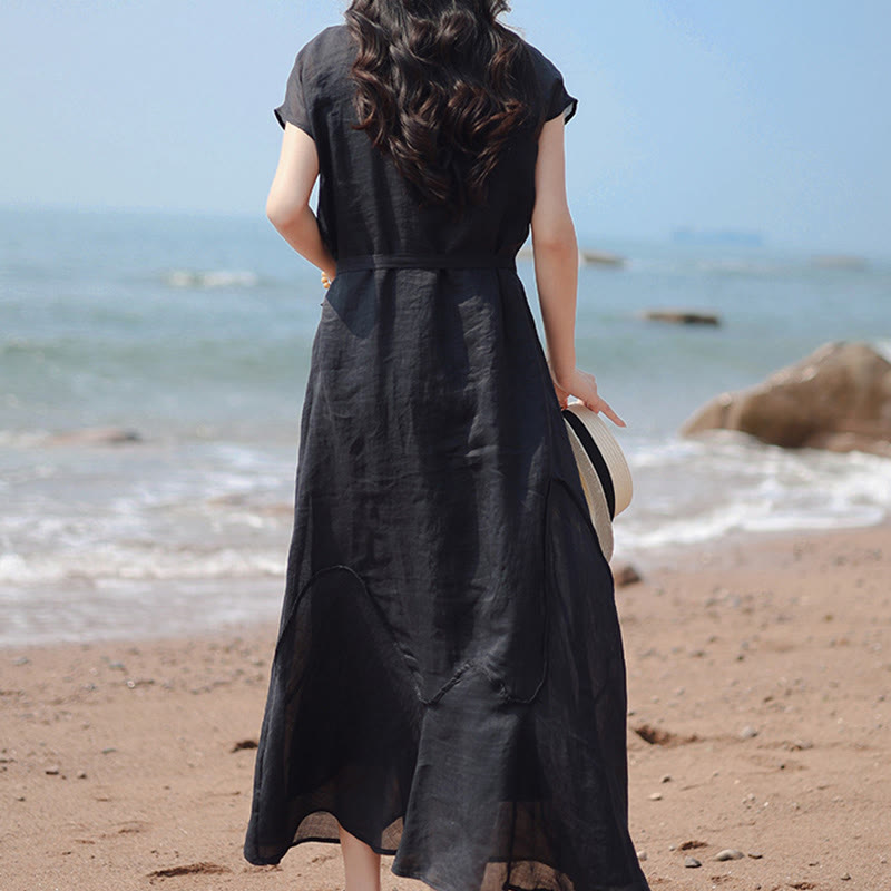 Buddha Stones Plain Irregular Hem Short Sleeve Cotton Linen Maxi Dress - image 2