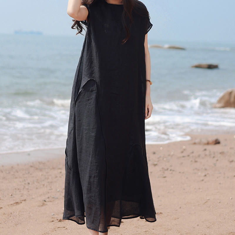 Buddha Stones Plain Irregular Hem Short Sleeve Cotton Linen Maxi Dress - image 7
