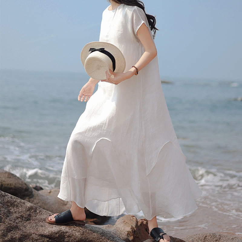 Buddha Stones Plain Irregular Hem Short Sleeve Cotton Linen Maxi Dress - image 14