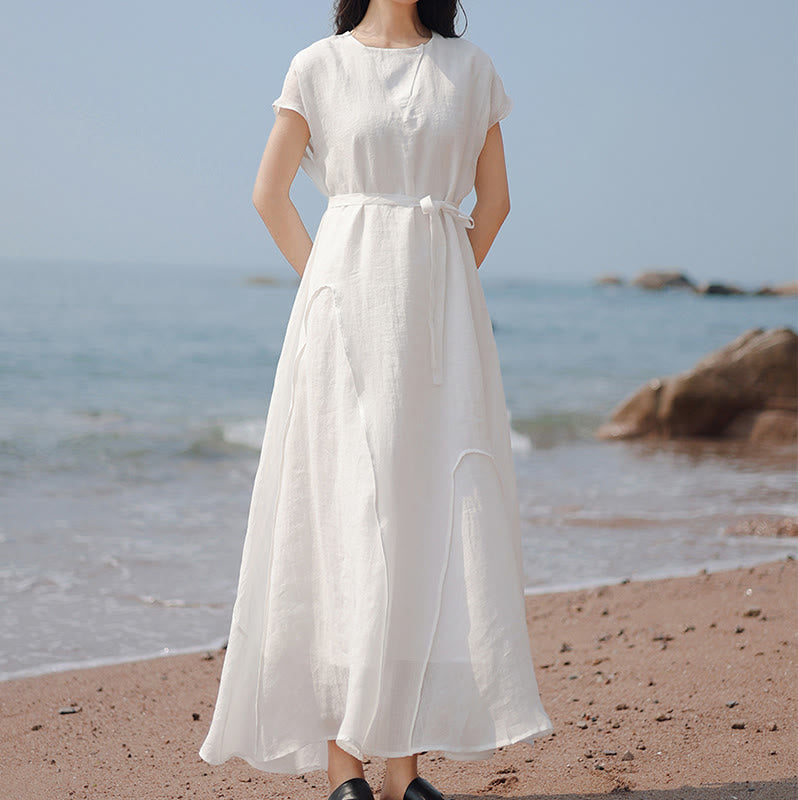 Buddha Stones Plain Irregular Hem Short Sleeve Cotton Linen Maxi Dress - image 15