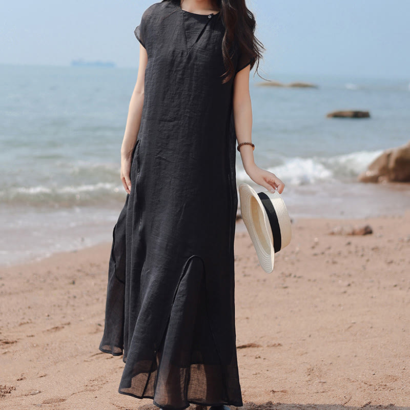 Buddha Stones Plain Irregular Hem Short Sleeve Cotton Linen Maxi Dress - image 6