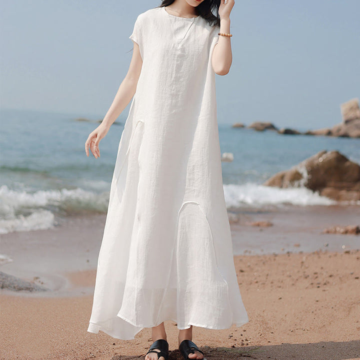 Buddha Stones Plain Irregular Hem Short Sleeve Cotton Linen Maxi Dress - image 22