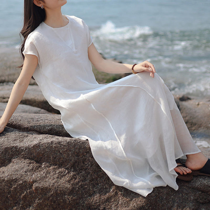 Buddha Stones Plain Irregular Hem Short Sleeve Cotton Linen Maxi Dress - White - US8-10,UK/AU12-14,EU40-42 (2XL) - image 13