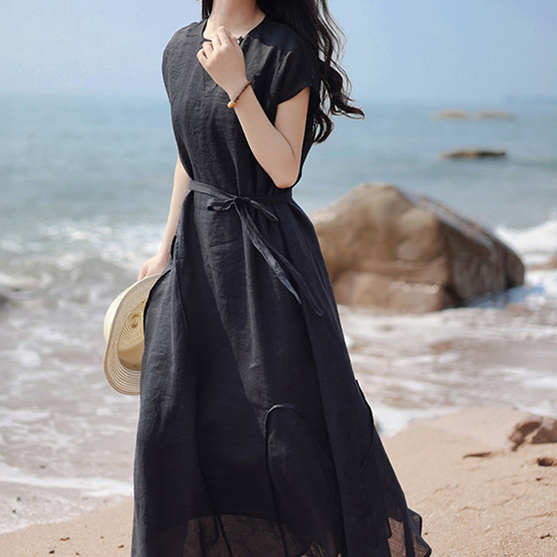 Buddha Stones Plain Irregular Hem Short Sleeve Cotton Linen Maxi Dress - image 3