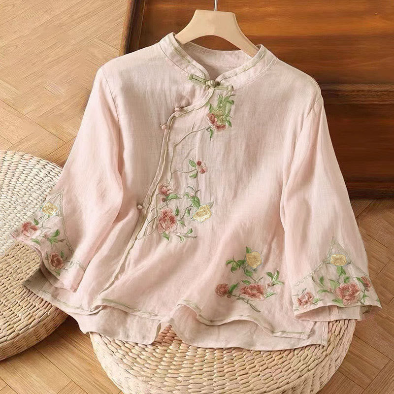 Buddha Stones Casual Vintage Embroidery Flower Pattern Chinese Frog-Button Crew Neck Design Women's Cotton Linen Shirt - LightPink - US12,UK/AU16,EU44 (3XL) - image 8