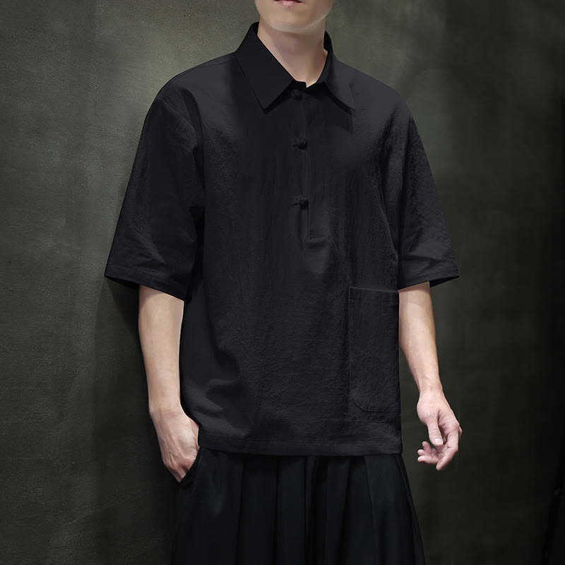 Buddha Stones Commute Plain Half Buttons Design Men's Cotton Linen Half Sleeve Shirt With Pocket - Black - US/UK/AU46,EU56 (5XL) - image 12