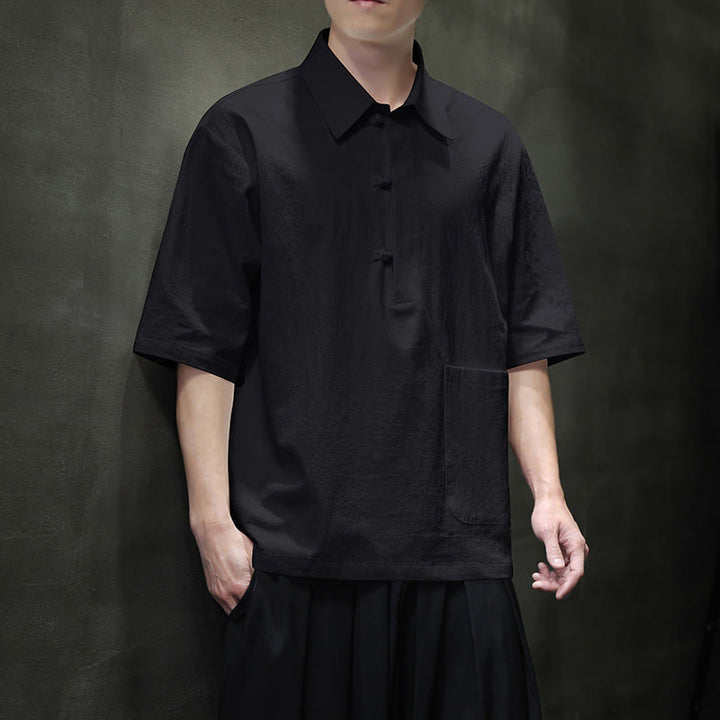Buddha Stones Commute Plain Half Buttons Design Men's Cotton Linen Half Sleeve Shirt With Pocket - Black - US/UK/AU46,EU56 (5XL) - image 12