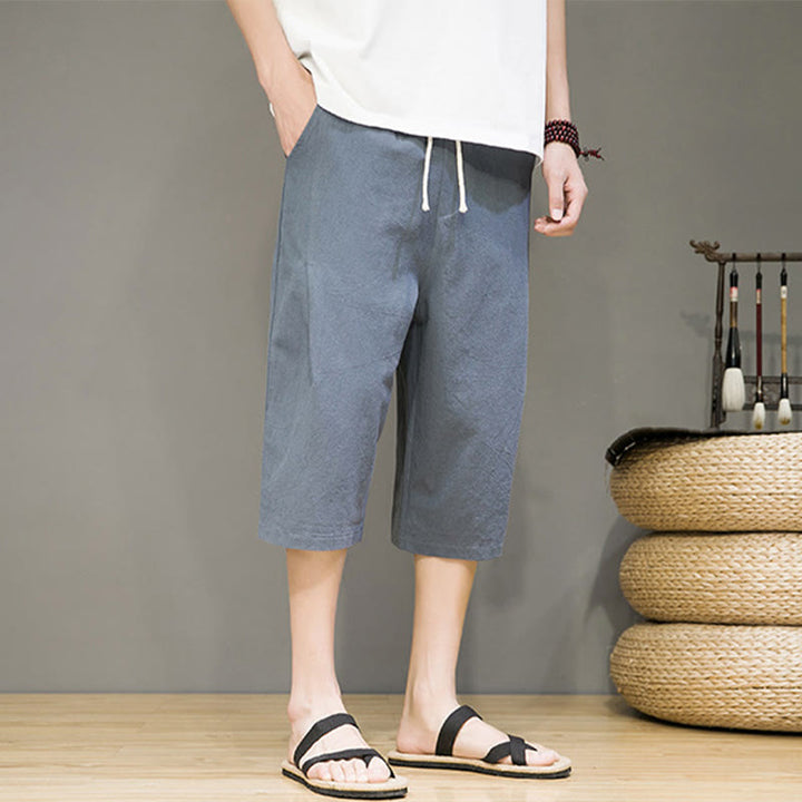 Buddha Stones Casual Summer Drawstring Solid Color Cropped Cotton Linen Men's Harem Pants With Pockets - image 8