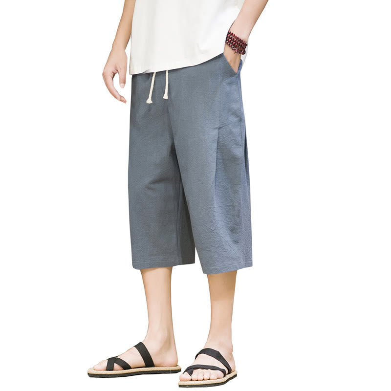 Buddha Stones Casual Summer Drawstring Solid Color Cropped Cotton Linen Men's Harem Pants With Pockets - image 9