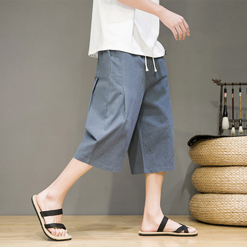 Buddha Stones Casual Summer Drawstring Solid Color Cropped Cotton Linen Men's Harem Pants With Pockets - image 5