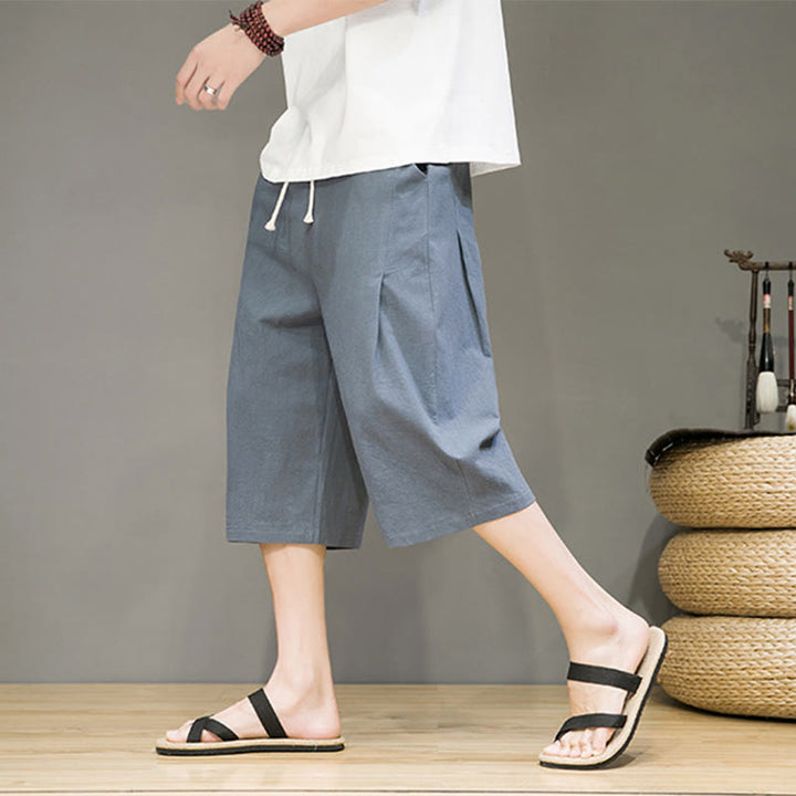 Buddha Stones Casual Summer Drawstring Solid Color Cropped Cotton Linen Men's Harem Pants With Pockets - SlateGray - US/UK/AU46,EU56 (5XL) - image 0