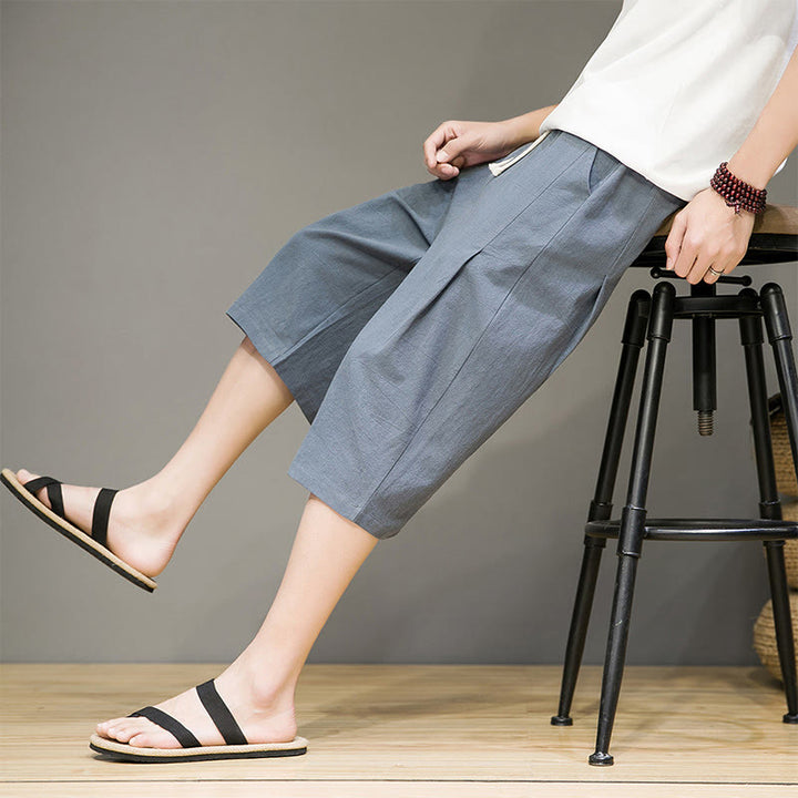 Buddha Stones Casual Summer Drawstring Solid Color Cropped Cotton Linen Men's Harem Pants With Pockets - image 2