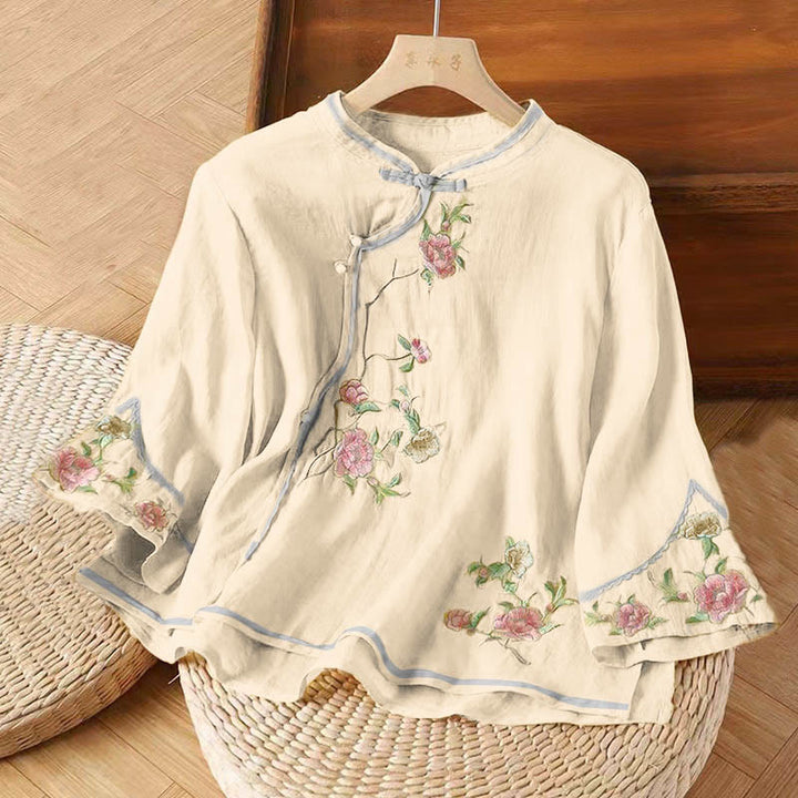 Buddha Stones Casual Vintage Embroidery Flower Pattern Chinese Frog-Button Crew Neck Design Women's Cotton Linen Shirt - LemonChiffon - US12,UK/AU16,EU44 (3XL) - image 5