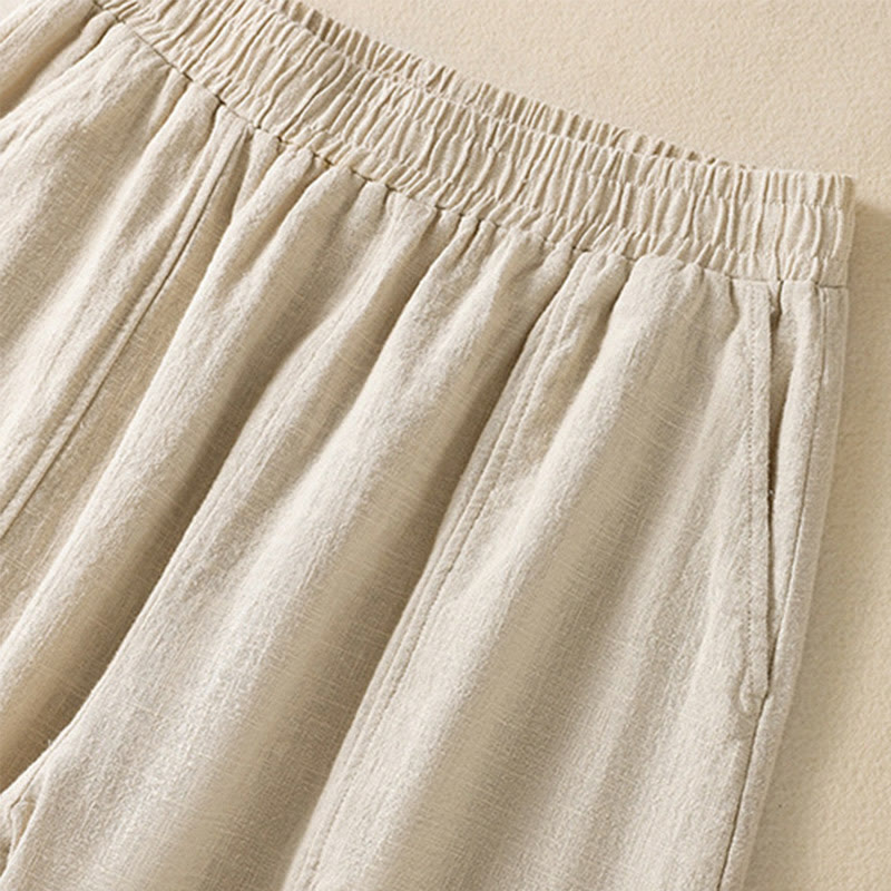 Buddha Stones Plain Simple Design High Waist Women's Cotton Linen Harem Pants With Pockets