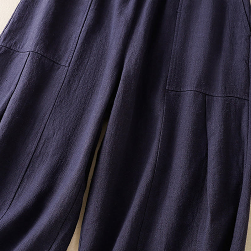 Buddha Stones Plain Simple Design High Waist Women's Cotton Linen Harem Pants With Pockets