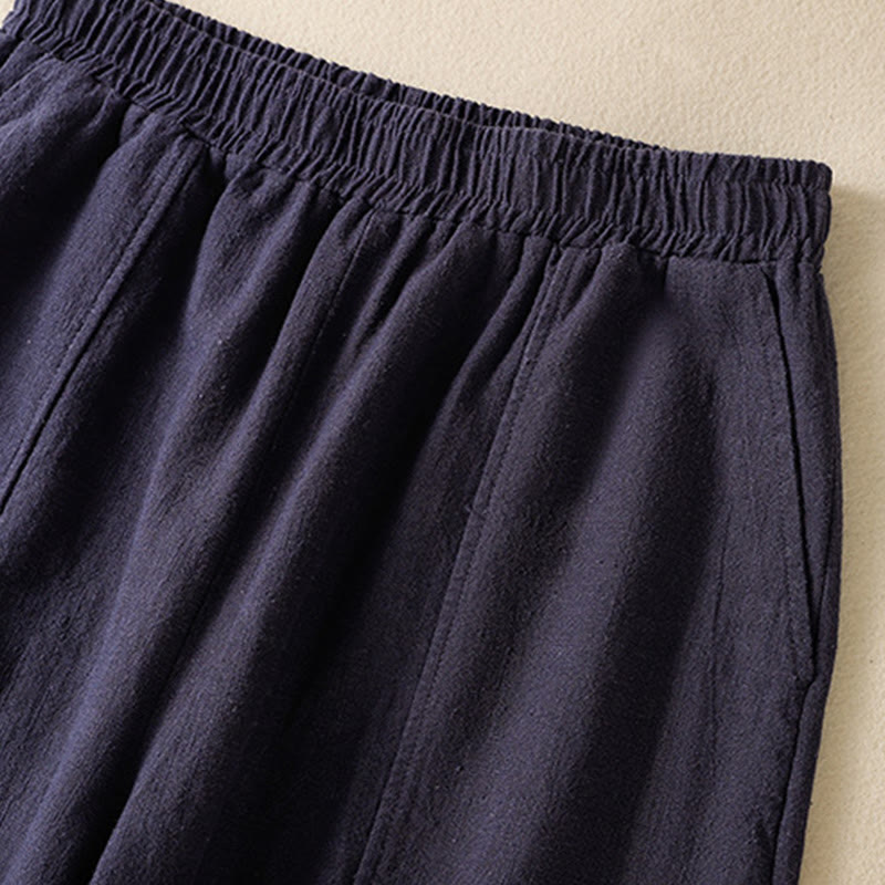 Buddha Stones Plain Simple Design High Waist Women's Cotton Linen Harem Pants With Pockets